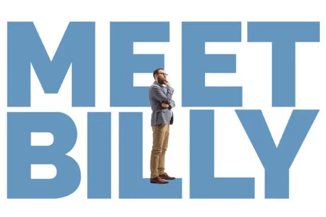 The words Meet Billy fill the space with a figure standing in front of it thinking