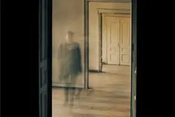 A blurry figure is visible through a doorway in an empty hallway