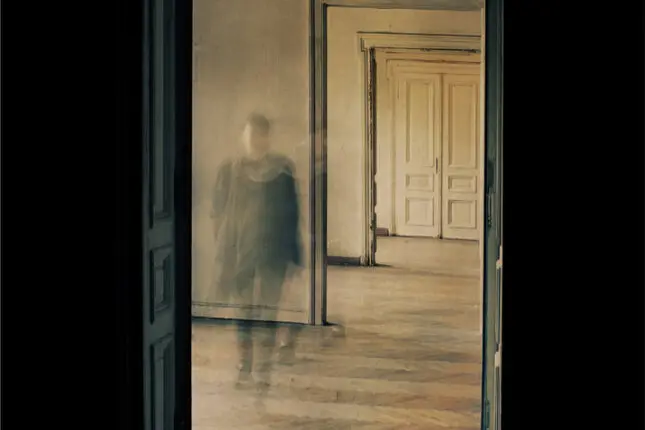 A blurry figure is visible through a doorway in an empty hallway