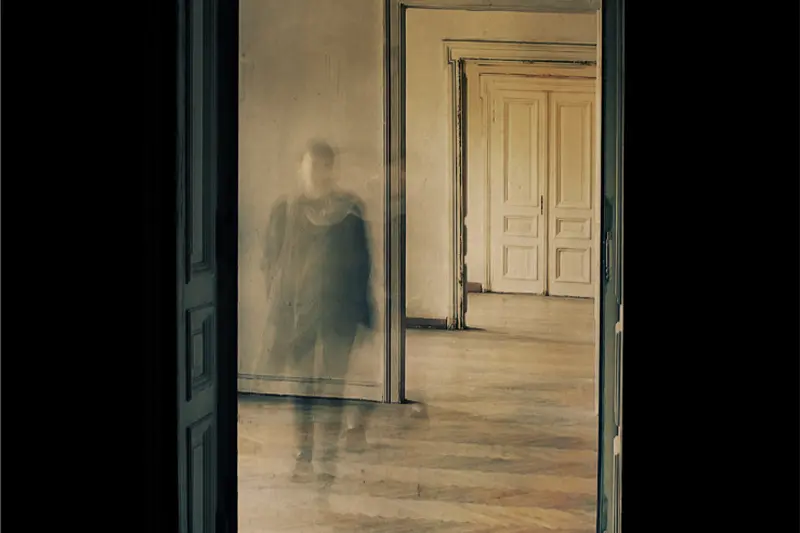 A faded figure is visible through a doorway as they walk forward down an empty hallway
