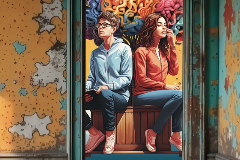 Illustration of a man and woman sitting beside each other, facing opposite directions