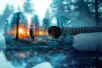 A guitar sits in a reflective pool in the middle of a forest, reflecting the sunset