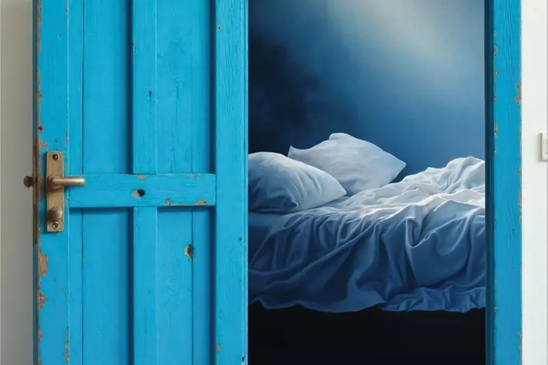 On the other side of an open door lies an unmade bed with rumpled sheets