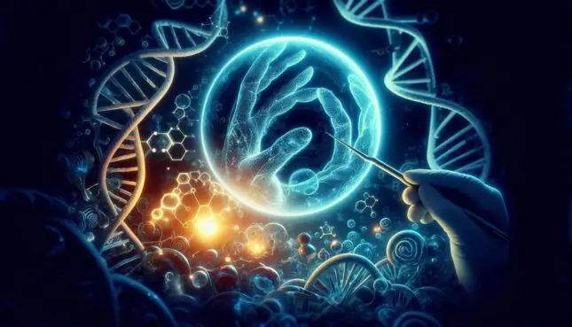 Illustration of DNA bands surrounding a glowing hand
