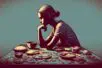 Illustration of a woman sitting and staring at half-eaten plates of food