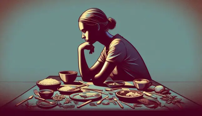 Illustration of a woman sitting and staring at half-eaten plates of food