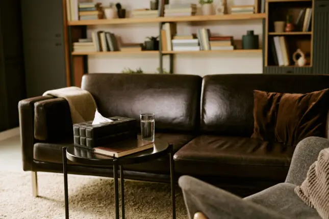 therapist's office with a brown leather couch and gray chair facing each other