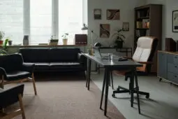 An empty therapist office with a desk, two chairs, and a couch