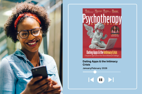 A woman wearing headphones smiles next to an image of the magazine cover with a play button beneath