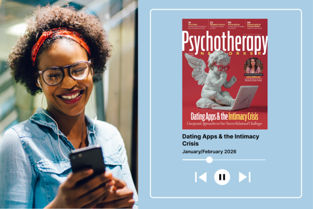 A woman wearing headphones smiles next to an image of the magazine cover with a play button beneath