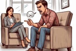 Illustration of an angry male client speaking harshly while his female therapist listens