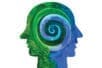 A head with a profile on both sides connected through a green and blue spiral at its center.