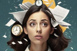 A woman looks off-screen, concerned, as paper fragments and clocks float around her head