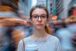 A woman stares forward toward the camera while the world blurs behind her