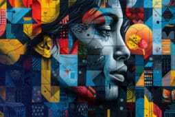 A woman's face compiled of various boxes in primary colors containing different emblems