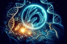 Illustration of DNA bands surrounding a glowing hand