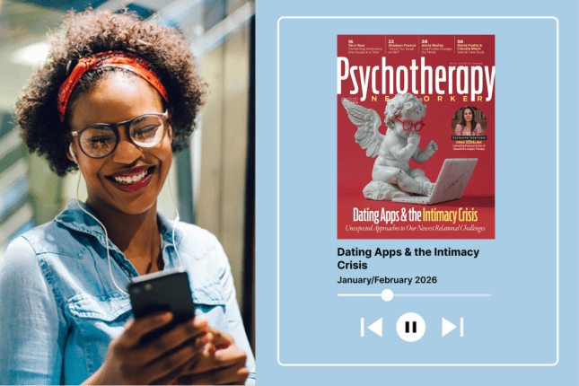 A woman wearing headphones smiles next to an image of the magazine cover with a play button beneath