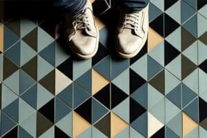 A pair of sneakers on a colorful, geometrically tiled floor