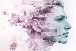 An image of a face looking into the distance with memories forming a patchwork behind it