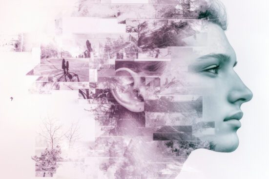 An image of a face looking into the distance with memories forming a patchwork behind it