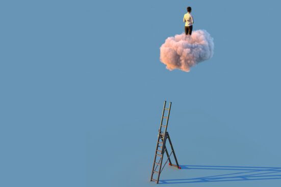 A figure stands atop a pink cloud, having left a tall ladder behind