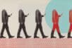 A row of suited figures walk in a line, each without a head and turned toward the phone in their hand