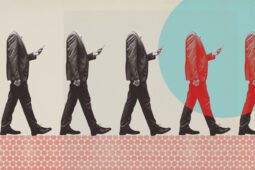 A row of suited figures walk in a line, each without a head and turned toward the phone in their hand