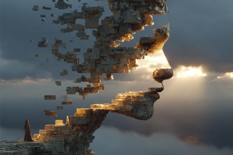 A large image of an illustrated facing missing pieces, with a figure gazing up at its outline