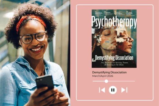 A woman looks at her phone on the left side of the image and smiles while the right side of the image displays the cover of this month's issue with a play button beneath it